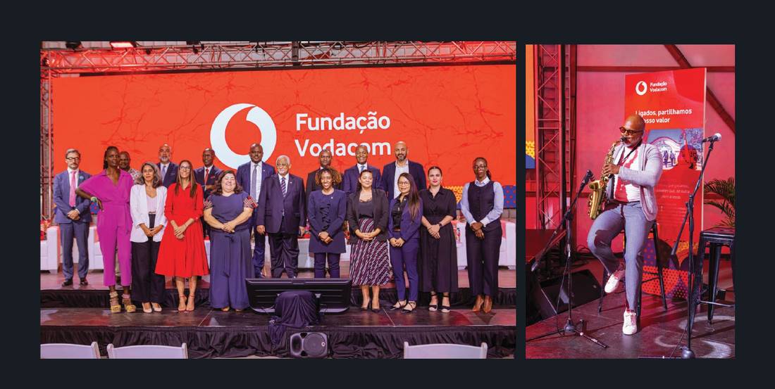 Evento da Fundação Vodacom com palco e convidados