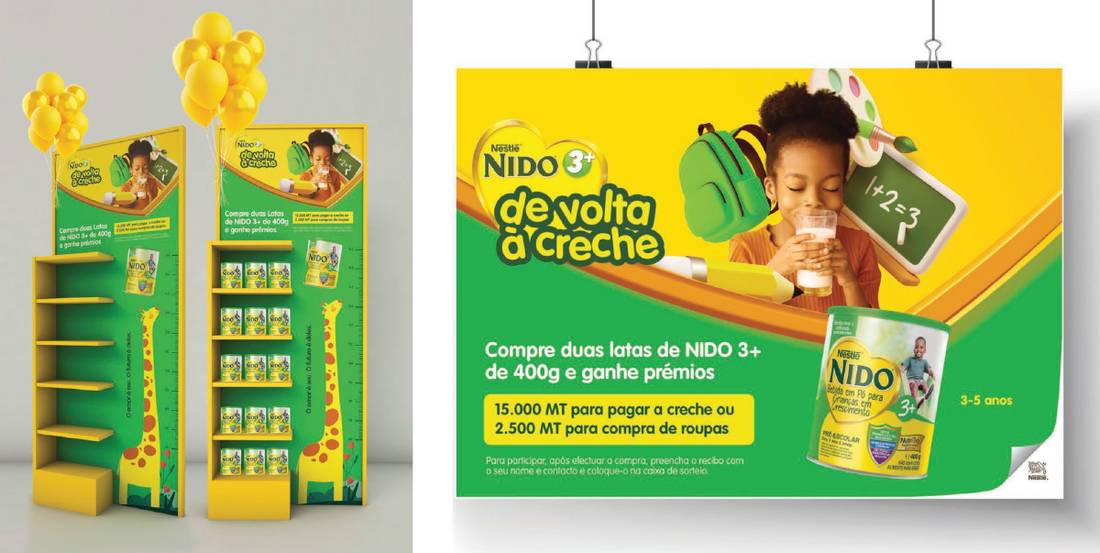 Campanha NIDO De Volta à Creche com expositores e cartaz